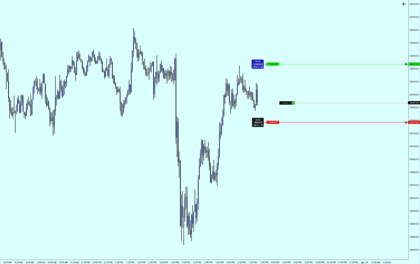 Boxes beside your stop and target orders showing contracts, dollars, points and R multiple against your average position price. NinjaTrader 8.